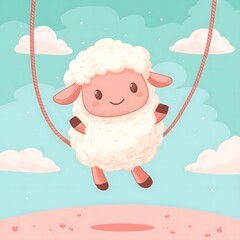 Naklejka premium Cute sheep on a swing with clouds and a pink landscape