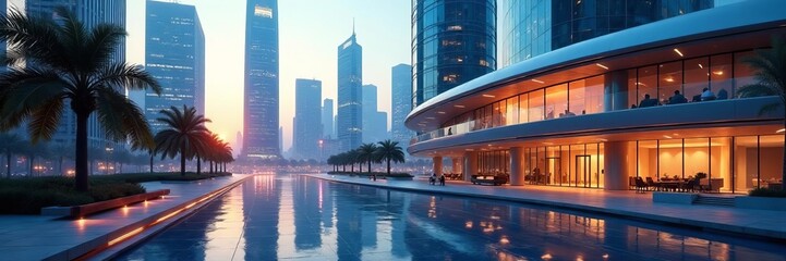 Obraz premium Futuristic office building with sleek design in downtown district, metropolitan, urban landscape