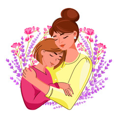 Loving mother hugging her teenage daughter with floral background.Vector illustration Perfect for Mother's Day,Family Day, Child Protection,family themes, and emotional design projects