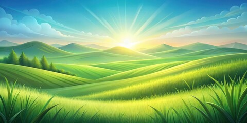 Obraz premium Serene Sunrise Over Rolling Green Hills and Lush Meadows with a Grove of Evergreen Trees