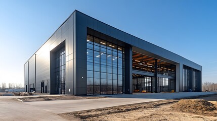 A modern industrial facility being built quickly using pre-engineered steel components, reducing costs and time, high-resolution