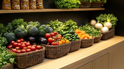 A wooden kitchen counter displaying fresh vegetables in rustic baskets under warm lighting