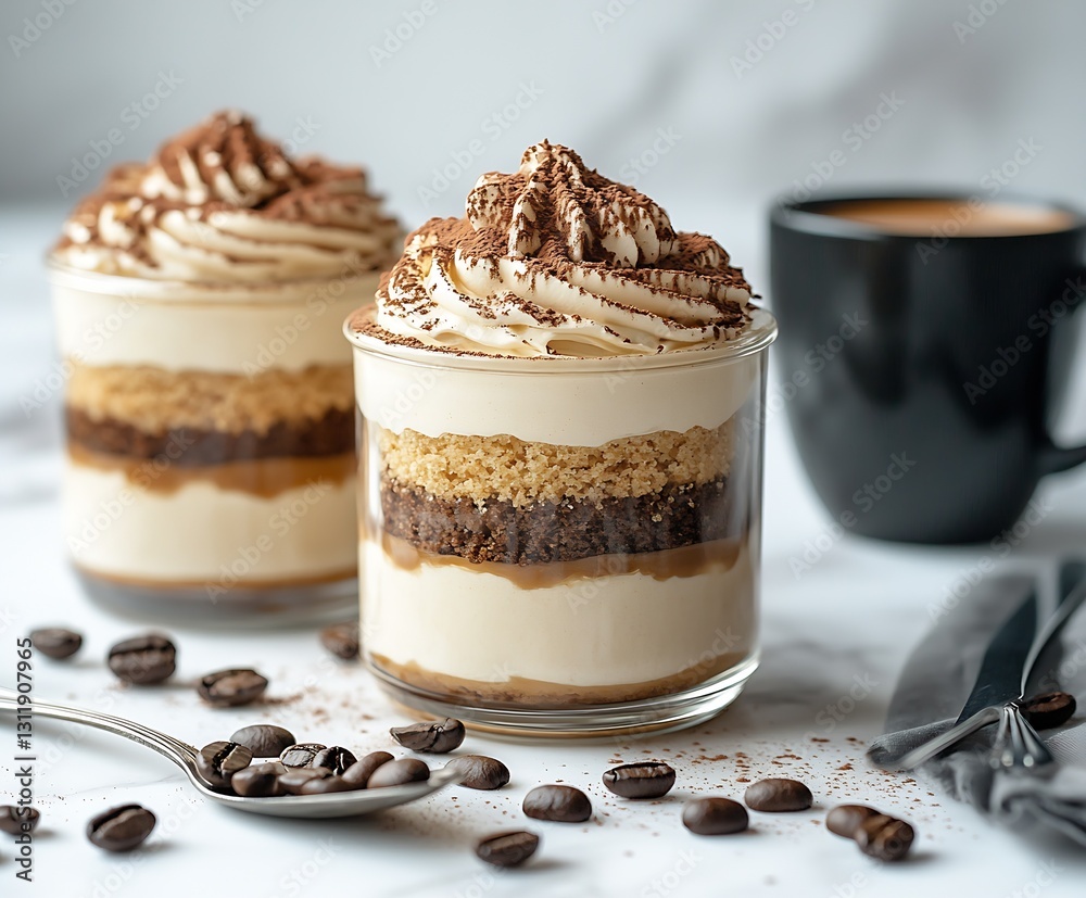 Poster indulgent double layered tiramisu dessert in glass with cocoa and coffee : generative ai