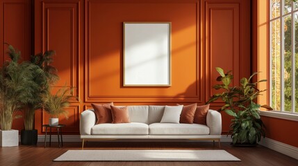 Living room interior design with a mockup picture frame.