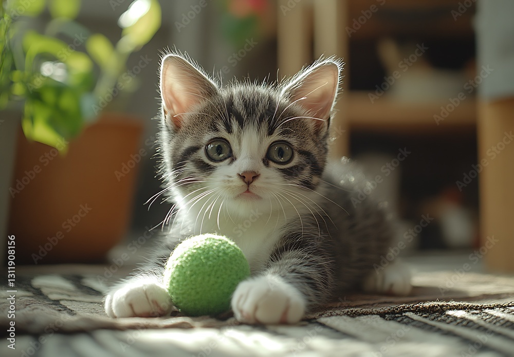Aufkleber charming playful kitten with striking green eyes and a bright green ball in a cozy indoor setting : 