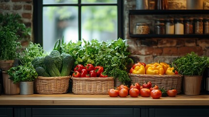 A homely kitchen counter adorned with fresh vegetables arranged in rustic woven baskets under warm lighting