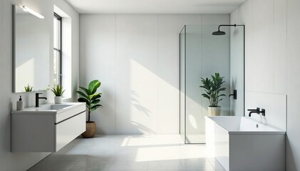 Minimalistic white bathroom with gray accents, glass shower, and plants, modern, renovations