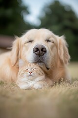 Adorable Golden Retriever Snuggling with Orange Tabby Cat During a Sunny Day Outdoors : Generative AI