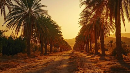 Golden hour glow, A tranquil path beneath the majestic palm trees