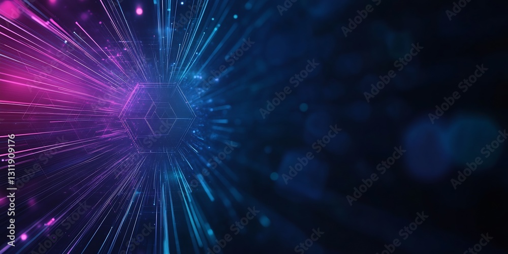 Fototapete Hexagonal grid with radiant blue and pink light beams creating a dynamic futuristic backdrop : Generative AI