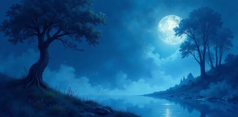 Mysterious and serene dark blue watercolor illustration, background, artsy