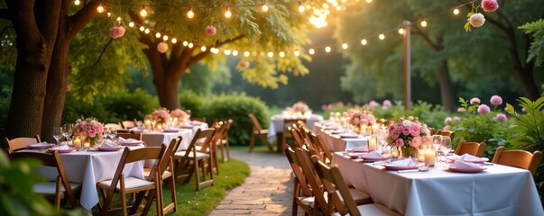 Outdoor spring wedding reception in beautiful garden, pastel florals, fairy lights, outdoor, decor