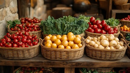 Freshly picked vegetables artfully arranged in rustic baskets on a kitchen counter with warm lighting