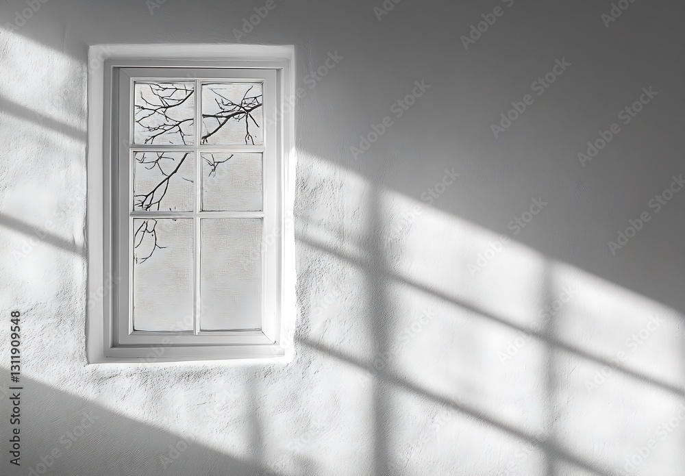 Poster Beautiful window detail with winter branches and sunlight creating artistic shadows on walls : Generative AI