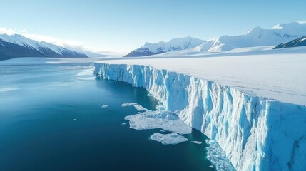 Iceberg melting idea. A stunning view of a glacial landscape, showcasing icebergs and serene blue waters.
