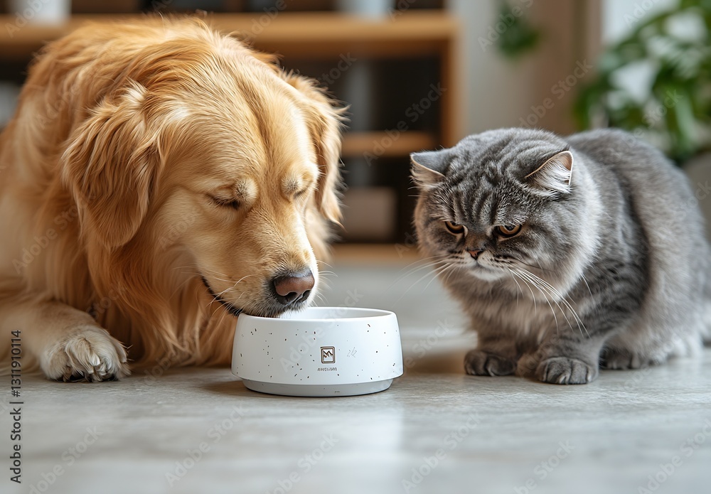 Poster playful golden retriever and persian cat sharing a feed bowl : generative ai