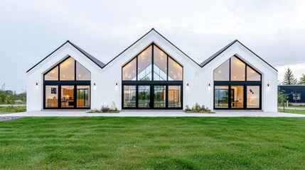 Obraz premium Modern Farmhouse, Triple Gable, White Exterior