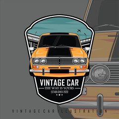YELLOW VINTAGE CAR ILLUSTRATION WITH A GRAY BACKGROUND 