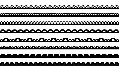 Lace scallop on fabric edge. Pattern border for frame. Ornamental line for wedding invitation design. Collection of black vector elements isolated on white background.