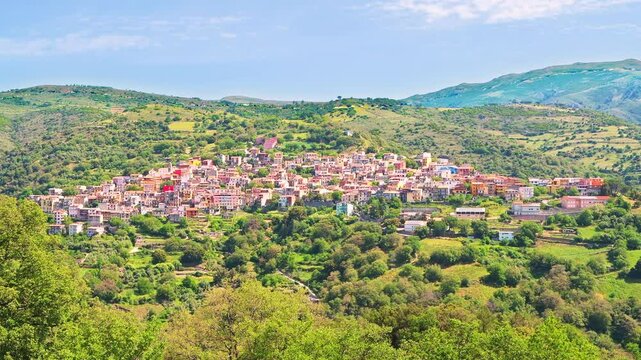 Seulo, Sardinia small mountain village of Seulu in Italy, scenic landscape of longevity blue zone countryside rural town on rolling hills mountains