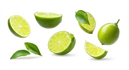 Sliced limes with fresh leaves arranged artistically creating a bright and vibrant fruit display : Generative AI