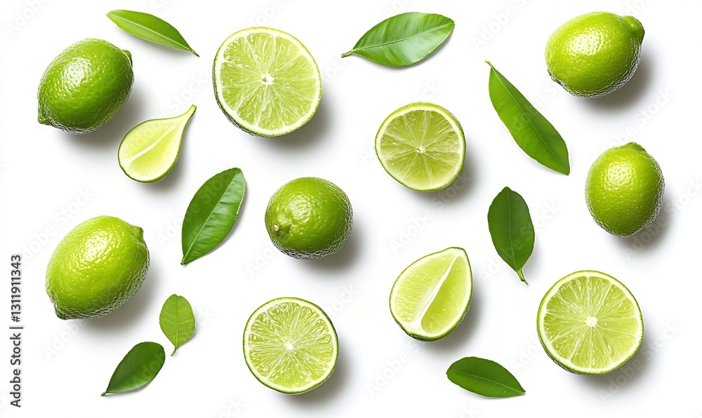 Fototapete fresh limes arranged with leaves on white background in a vibrant overhead flat lay composition : ge