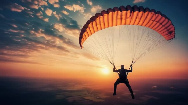 Paraglider soaring above breathtaking sunset landscape showcasing vibrant colors and serene sky