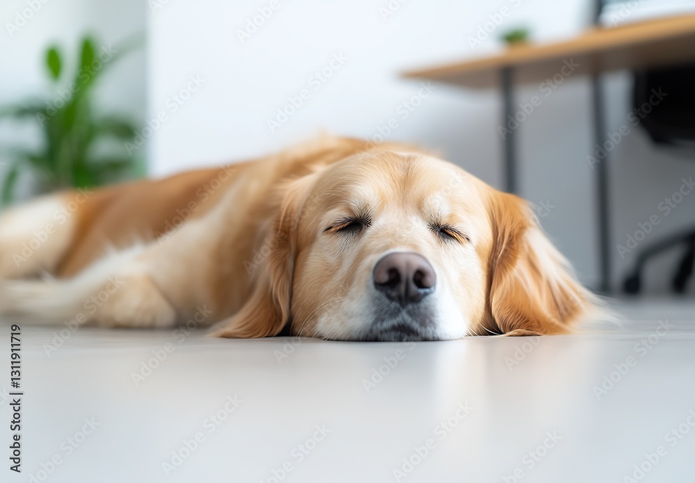Poster Golden Retriever Dog Snoozing Peacefully on Floor in Comfortable Home Environment : Generative AI