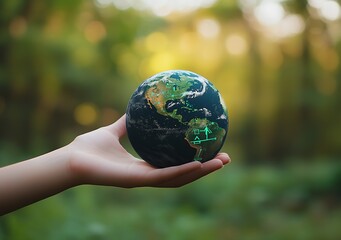 Hands Holding a Beautiful Earth Globe Focused on North and South America with Green Elements : Generative AI