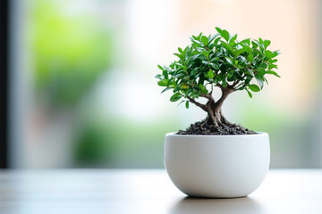 Bonsai tree gracefully perched on a tabletop in bright, natural light