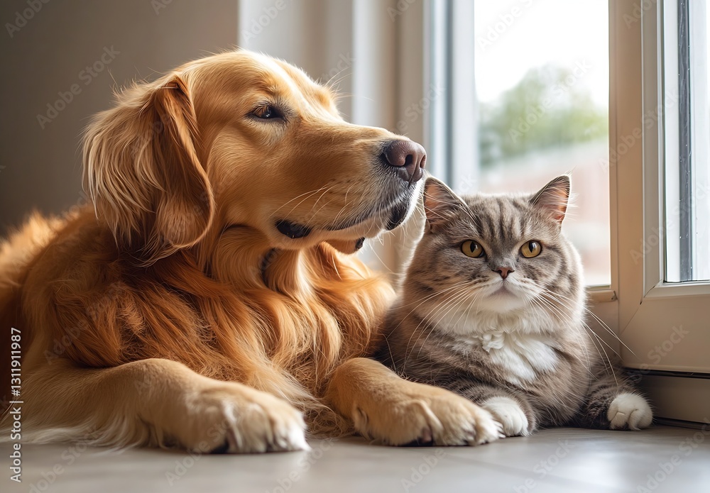 Poster golden retriever and tabby cat enjoying a relaxing moment together in a bright room : generative ai