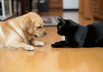 Golden Retriever and Black Cat Engaging in Playful Standoff on Wooden Floor : Generative AI