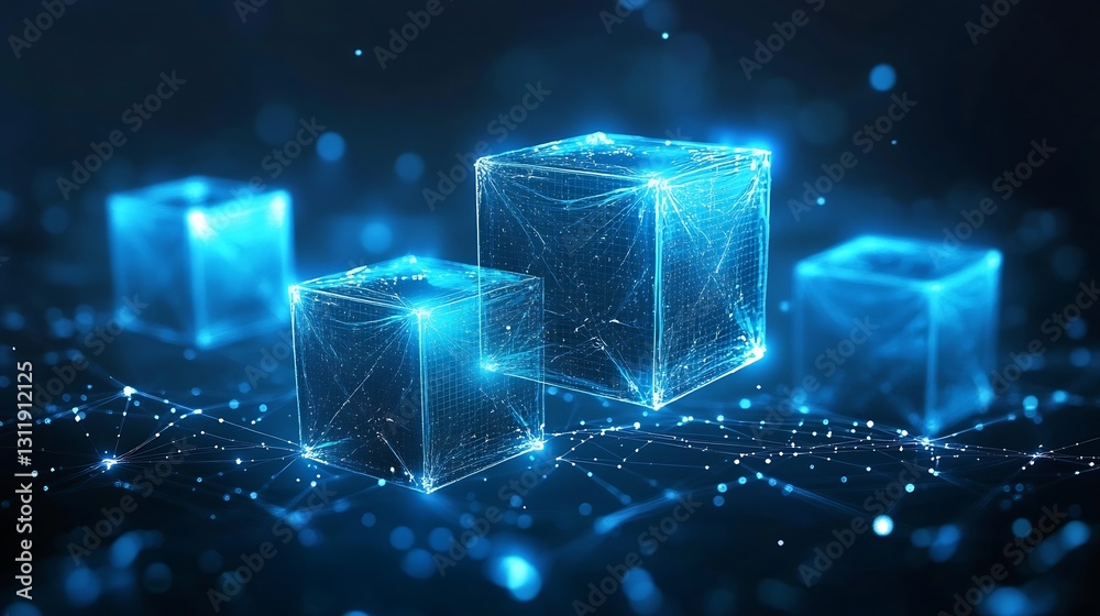 Poster futuristic glowing blue cubes with connected lines for technology and innovation : generative ai