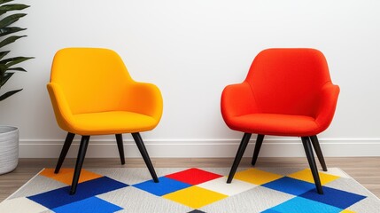 Obraz premium Modern Yellow & Red Armchairs on Geometric Rug