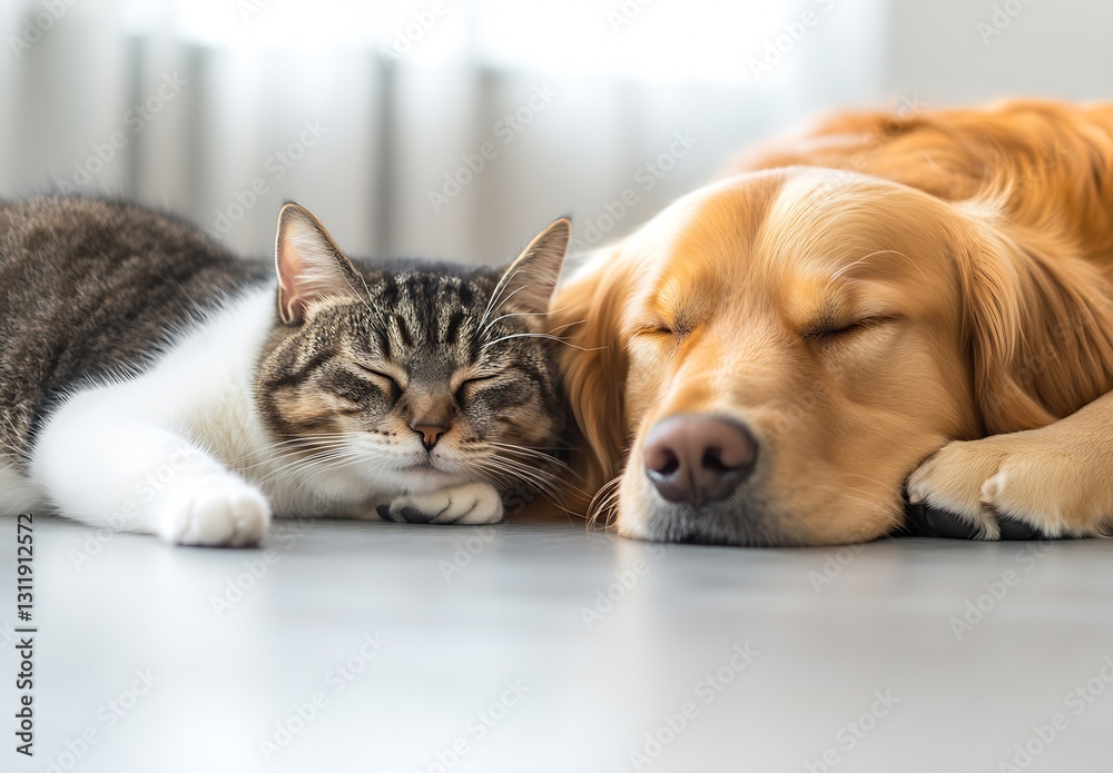 Poster golden retriever and tabby cat sleeping comfortably side by side on the floor : generative ai