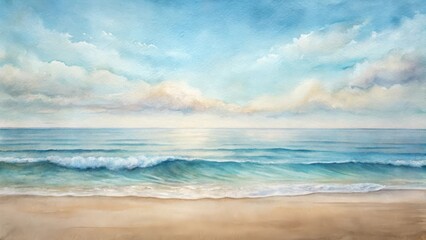 Obraz premium Serene Seascape A Watercolor Painting of Gentle Ocean Waves Rolling onto a Sandy Shore Under a Tranquil Sky