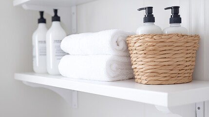 Fototapeta premium Spa Bathroom Shelf: White Towels & Lotion Bottles