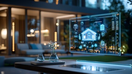 Innovative smart home technology showcase modern urban environment digital interface evening setting futuristic concept for enhanced living experience