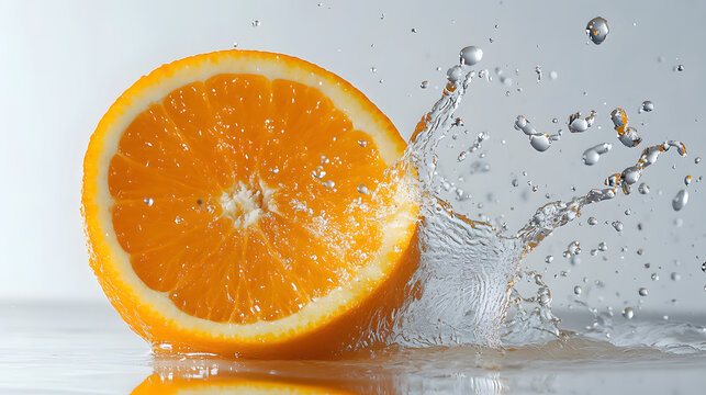 A splash of fresh fruit juice bursting from a sliced orange on a white background, health day, World Vegan Day,
