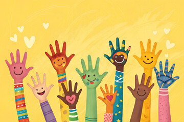 A Lot of painted hands raised up. Illustration of group of multiracial funny children funny kids hands up on the yellow background. Copy space.
