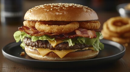 Tasty Bacon Cheeseburger with Crispy Onion Rings Illustration