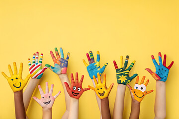 A Lot of painted hands raised up. Group of multiracial funny children funny kids hands up on the yellow background. Copy space.