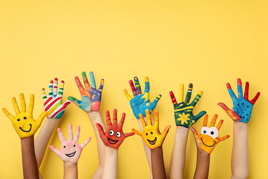 Naklejki A Lot of painted hands raised up. Group of multiracial funny children funny kids hands up on the yellow background. Copy space.