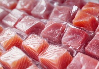 Freshly Packaged Cubes of High-Quality Salmon and Tuna Ready for Sale at a Seafood Market
