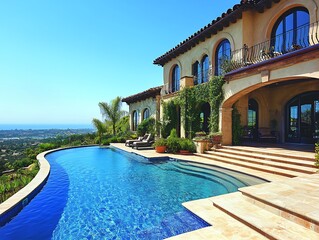 A beautiful luxury home with a swimming pool overlooking the landscape