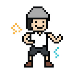 Fototapeta premium Cute cartoon pixel character cute man exercises training aerobic dance lifestyle music decoration life style 8 bit male boy dance with music game 8bit fitness isolated PNG vector.