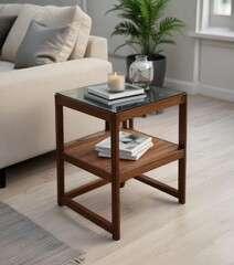 Modern side table with glass top and wooden base, wooden base, contemporary decor, minimalist style