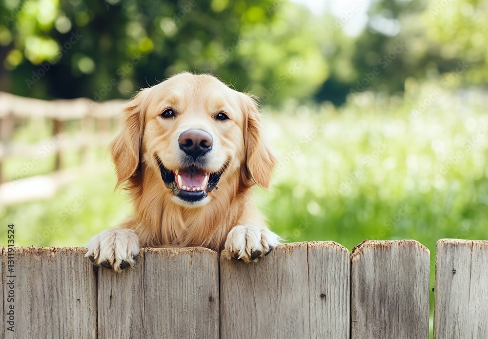 Poster Joyful Golden Retriever Dog Smiling While Peeking Over a Wooden Fence in a Green Field : Generative AI