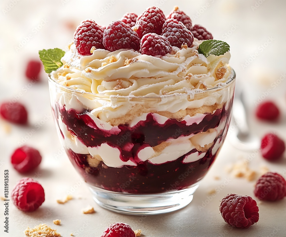 Poster delicious raspberry dessert topped with fresh raspberries in clear glass : generative ai