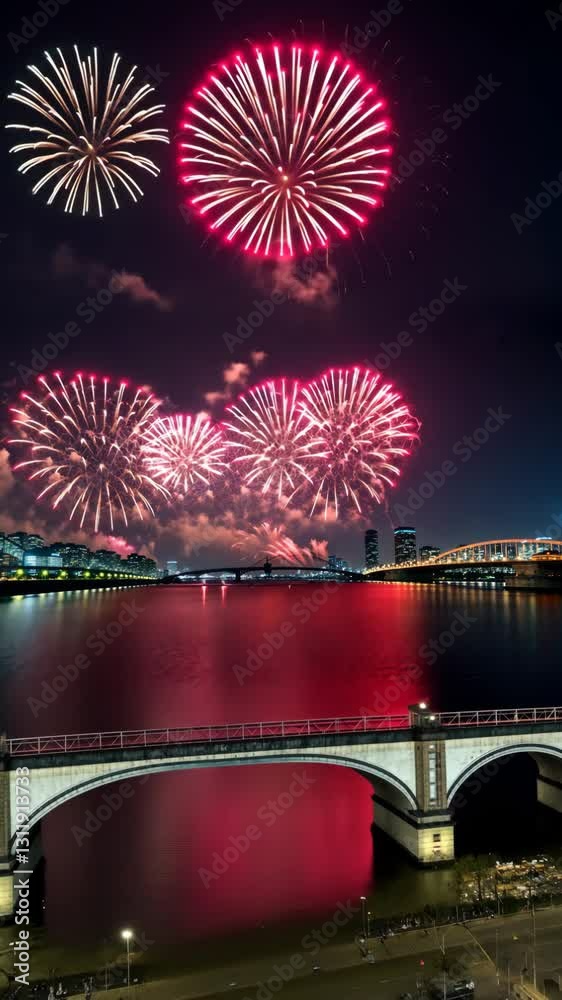 Poster a bridge over a river with fireworks in the sky. the fireworks are red and white. the bridge is lit 